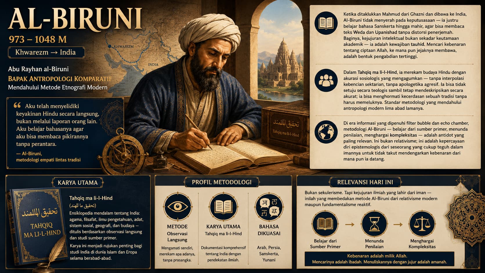 Infografis Al-Biruni — Bapak Antropologi Komparatif: perjalanan Khwarezm ke India, Tahqiq ma li-l-Hind, metodologi observasi langsung