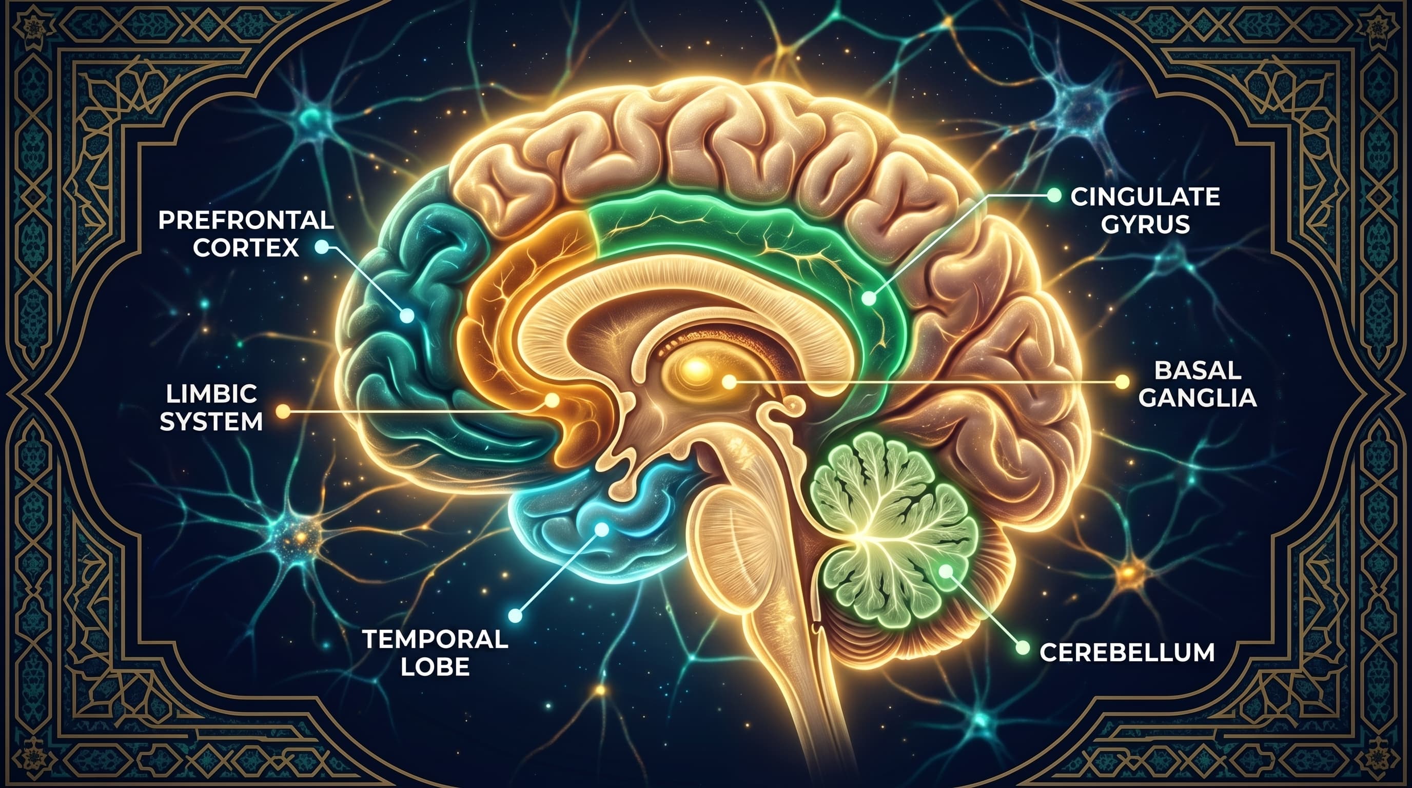 Anatomi otak manusia — Korteks Prefrontal, Sistem Limbik, Girus Singulatus, Ganglia Basal, Lobus Temporal, dan Cerebellum — resonansi neurosains dengan konsep Ulul Albab